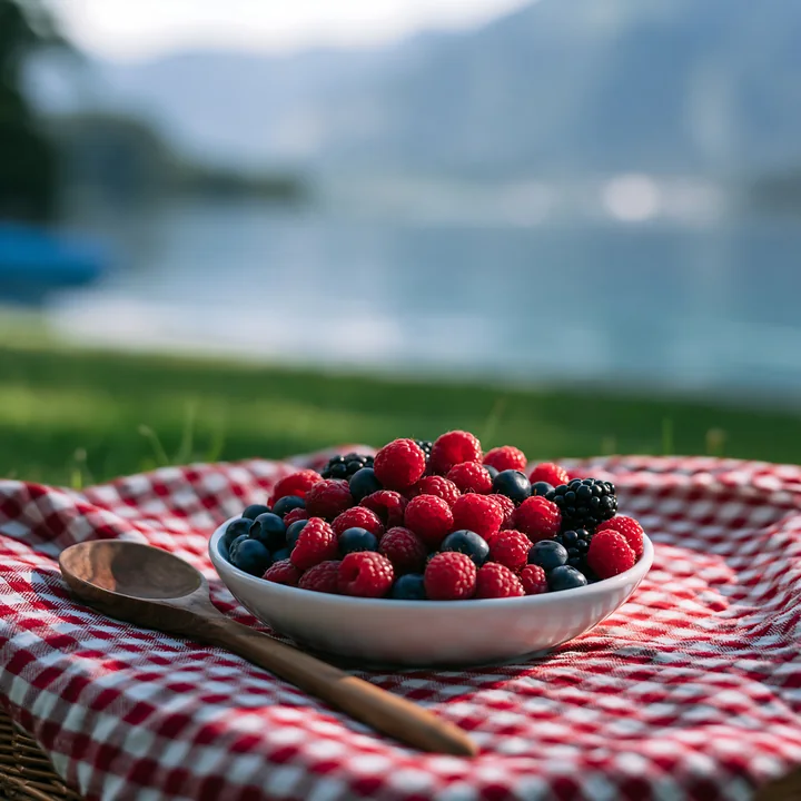 A bowl of mixed berries sits on a checkered picnic blanket near an alpine lake.