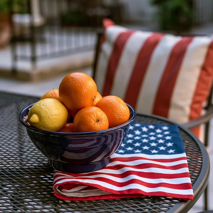 A bowl of oranges and lemons sits on a table covered with an American flag decoration on a patio.