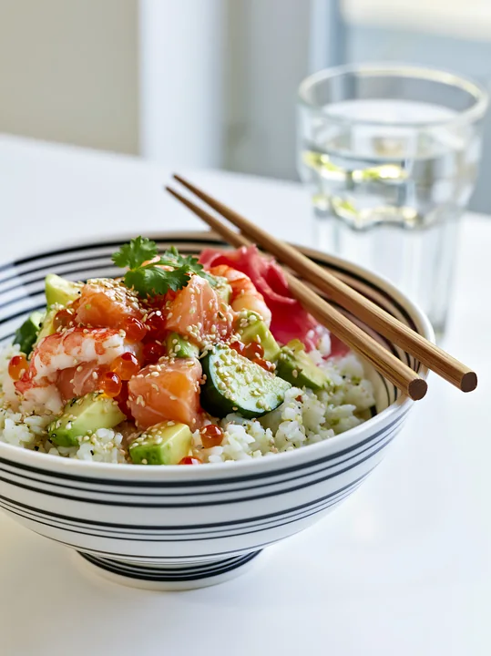A bowl of sushi with fresh fish, cucumber, and ginger includes chopsticks resting on the rim.