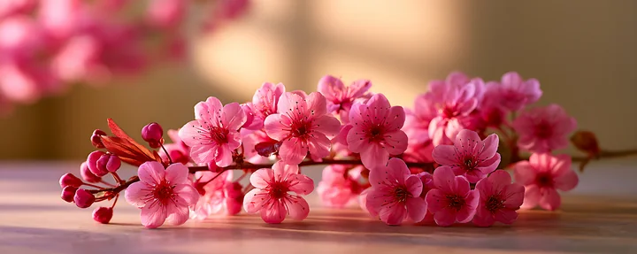 A branch of cherry blossoms displays numerous pink flowers and buds on a wooden table.