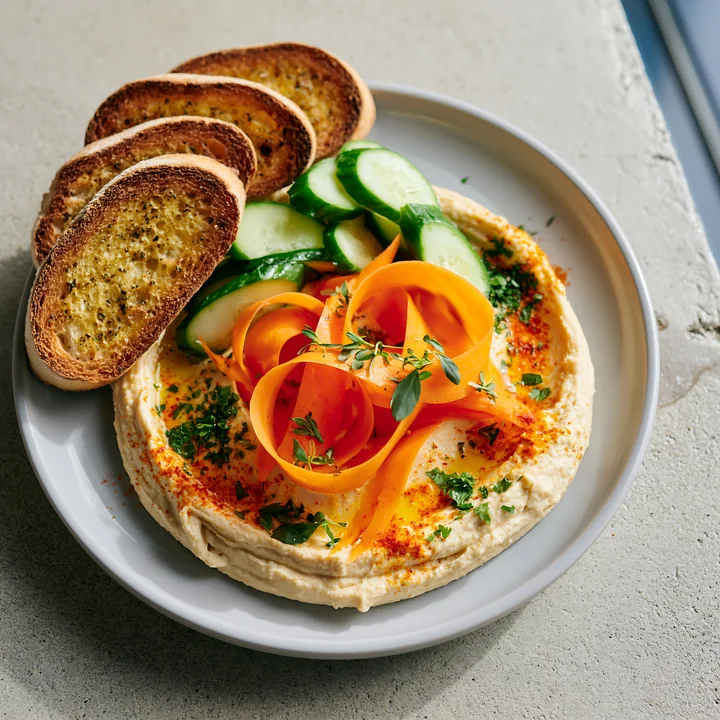 A breakfast plate features hummus topped with vegetables and served with toasted bread.