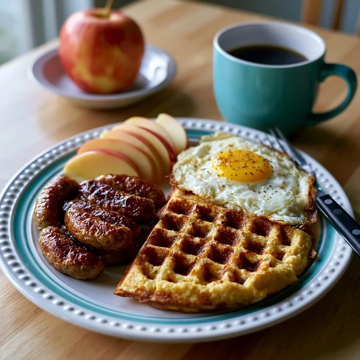 A breakfast plate holds a waffle, fried egg, sausage links, and sliced apples.