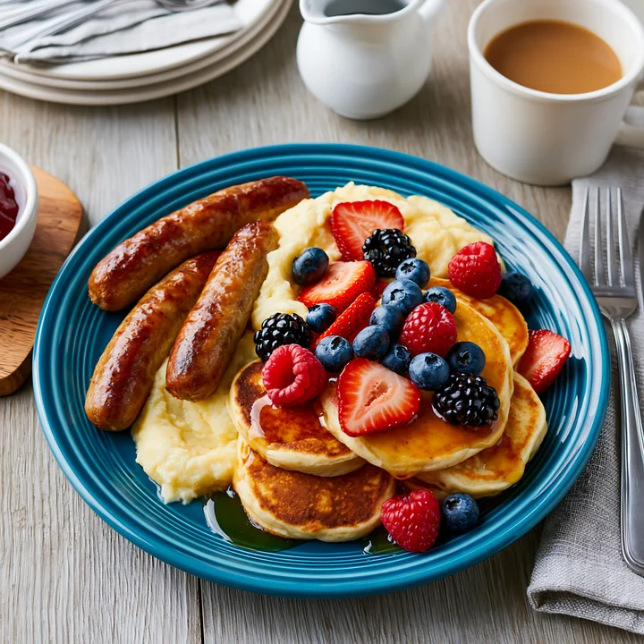 A breakfast plate holds two sausage links, fluffy pancakes topped with mixed berries, and syrup.
