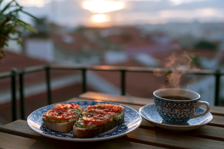 A breakfast plate with avocado toast and a cup of steaming coffee sits on a wooden table.