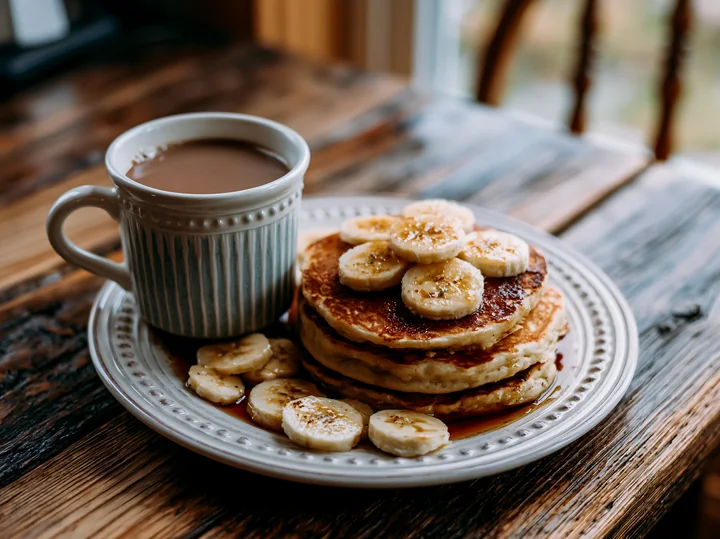 A breakfast plate with coffee features a stack of pancakes topped with sliced bananas, placed on a rustic wooden table.