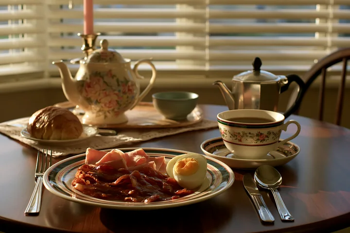 A breakfast plate with cold cuts, boiled egg, and a roll sits on a wooden table by a window.
