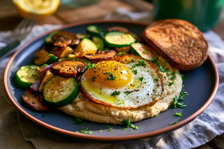 A breakfast plate with hummus, a fried egg on top, and sautéed zucchini and mushrooms.