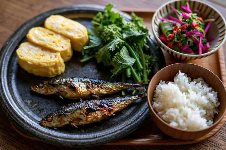 A breakfast plate with Japanese breakfast features grilled fish, rolled omelette, greens, and rice.