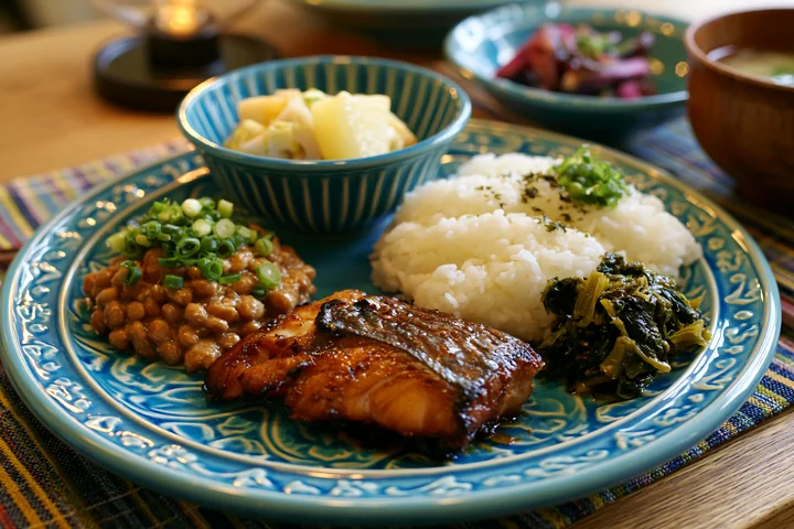 A breakfast plate with Japanese breakfast includes grilled fish, rice, soybeans, and vegetables.