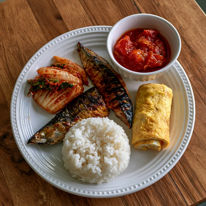 A breakfast plate with Korean breakfast features grilled fish, steamed rice, seasoned kimchi, and a rolled omelet.