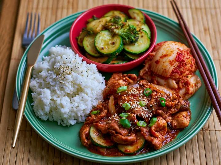 A breakfast plate with Korean breakfast includes rice, seasoned chicken, and side dishes of kimchi and stir-fried vegetables.