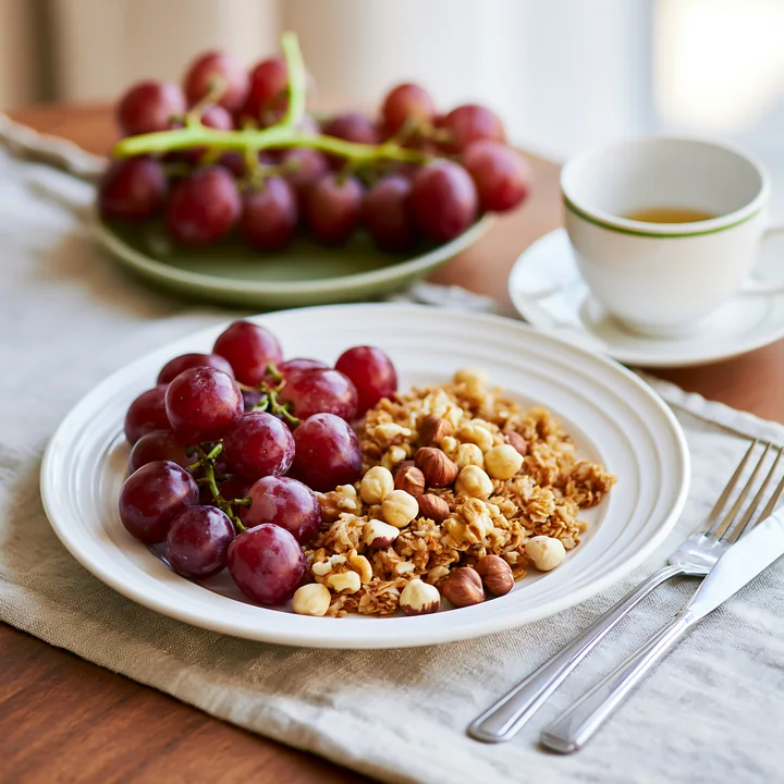 A breakfast plate with muesli, fresh grapes, and nuts sits on a wooden table.
