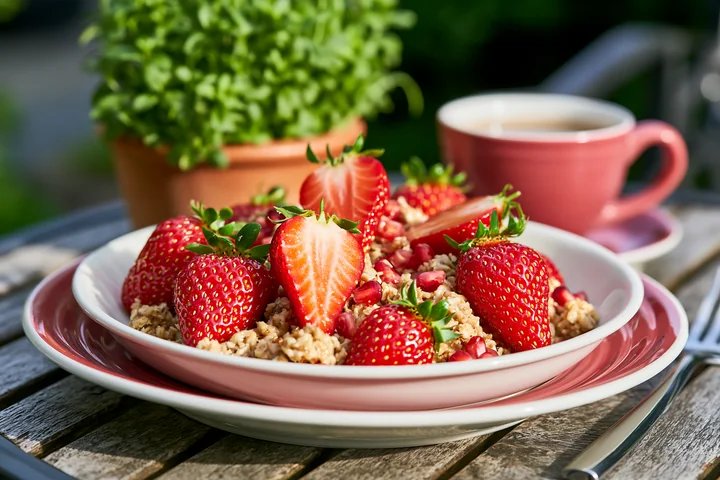 A breakfast plate with muesli is served outdoors.