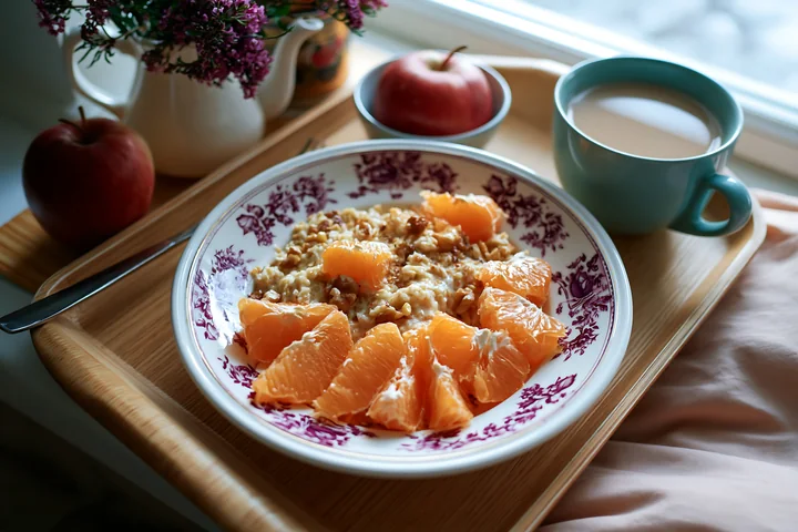 A breakfast plate with muesli is served with orange slices, an apple, and a cup of milk on a wooden tray.