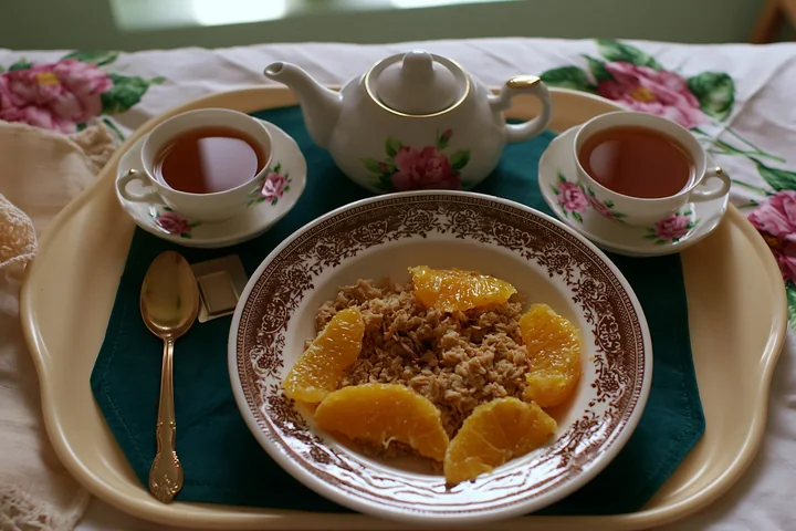 A breakfast plate with muesli topped with orange slices sits on a tray with two cups of tea.