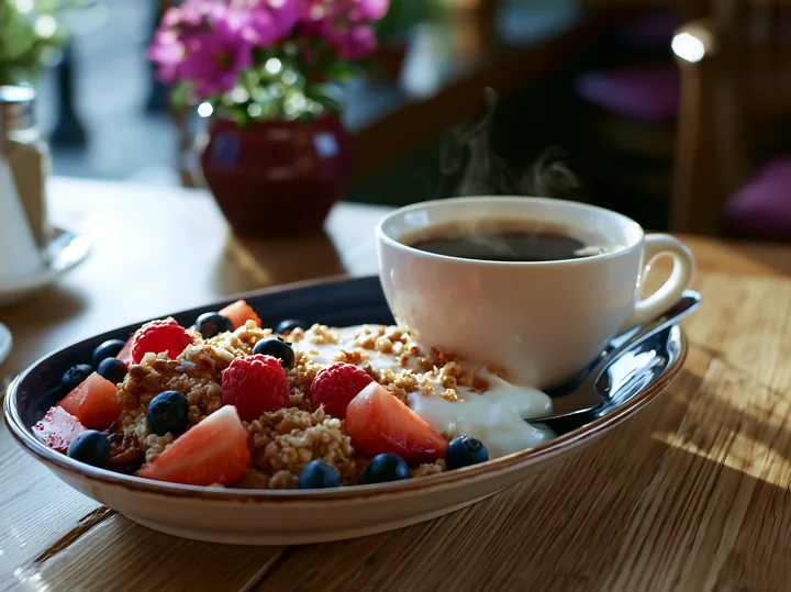 A breakfast plate with muesli, yogurt, fresh fruit, and a cup of black coffee is served on a wooden table.