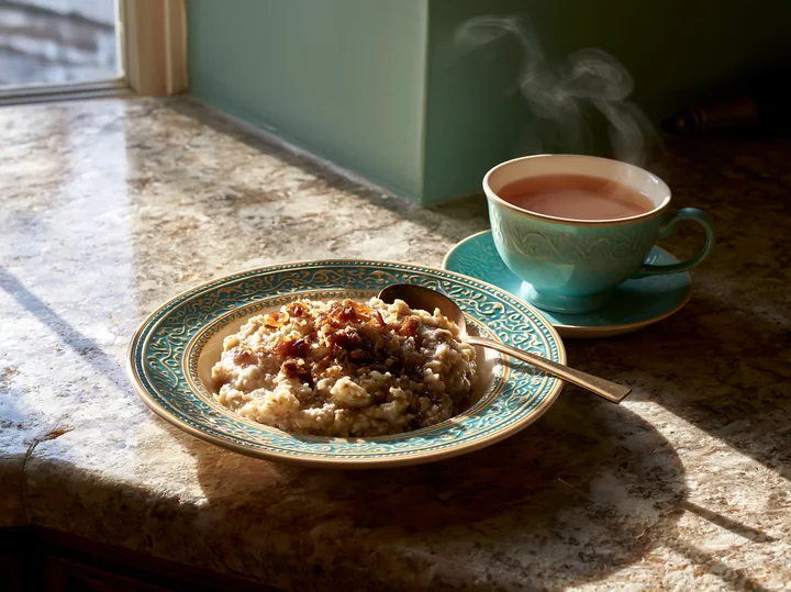 A breakfast plate with oatmeal is placed on a kitchen countertop beside a cup of hot tea.
