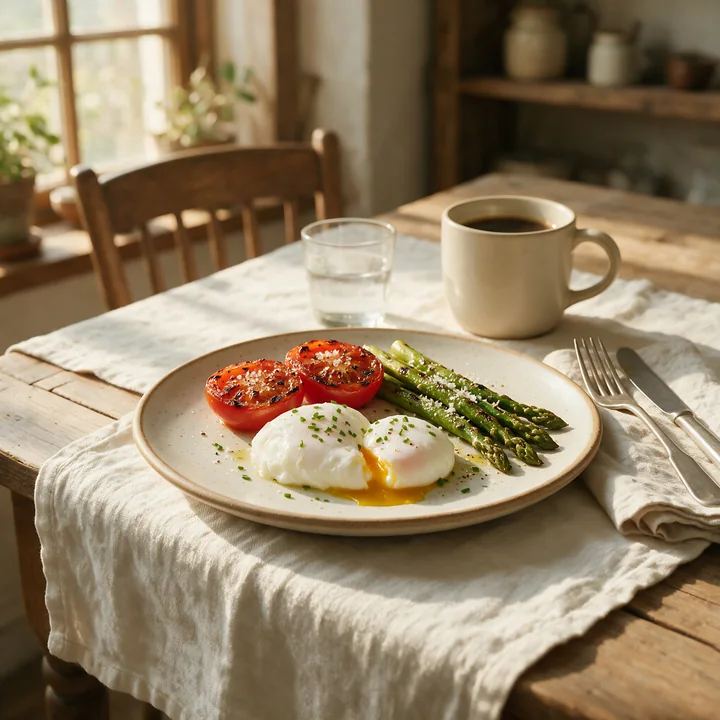 A breakfast plate with poached eggs, grilled tomatoes, and asparagus on a rustic wooden table.