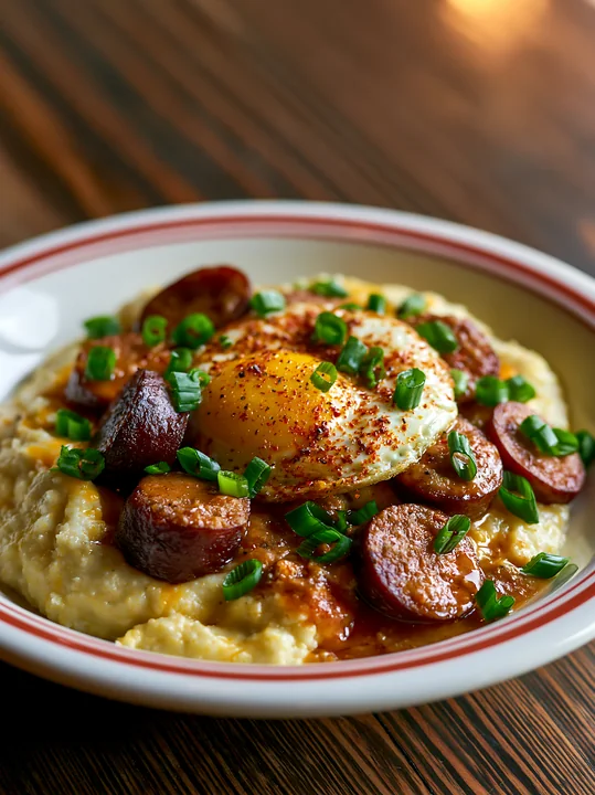 A breakfast plate with sausage features a serving of creamy grits topped with slices of sausage and a poached egg.