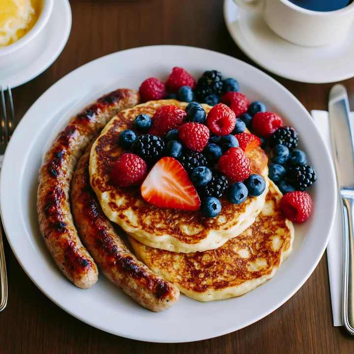 A breakfast plate with sausage features pancakes topped with strawberries, blueberries, and raspberries.