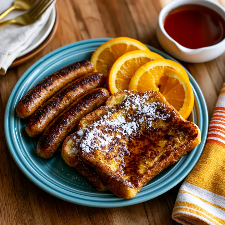 A breakfast plate with sausage, French toast, and orange slices arranged on a blue plate.