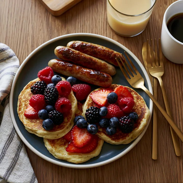 A breakfast plate with sausage includes pancakes topped with strawberries, blueberries, raspberries, and a glass of juice.