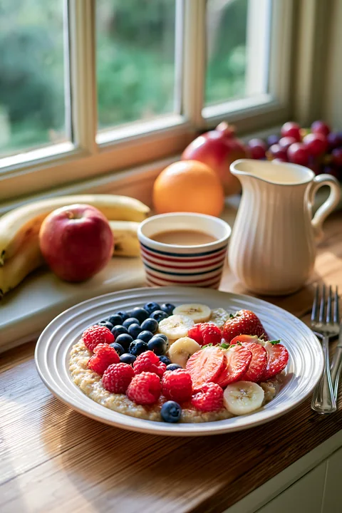A breakfast plate with seasonal fruit features strawberries, blueberries, raspberries, and bananas, next to coffee and fruit on a wooden table by a window.