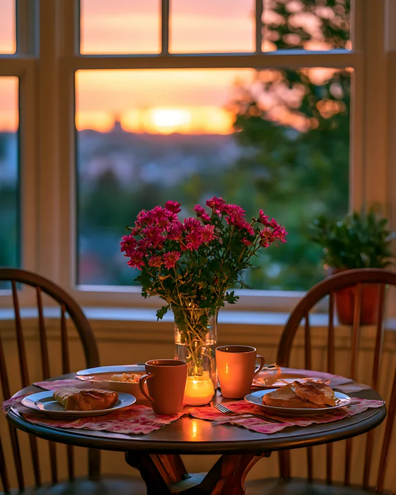 A breakfast table is set with two cups, pastries, and a bouquet of flowers in a jar.