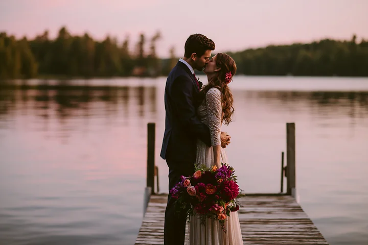 A bride and groom kiss on a dock surrounded by calm water at sunset.