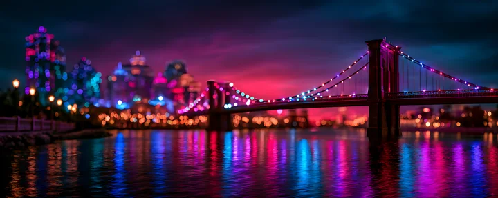 A bridge spans a river reflecting bright lights from the city skyline at night.