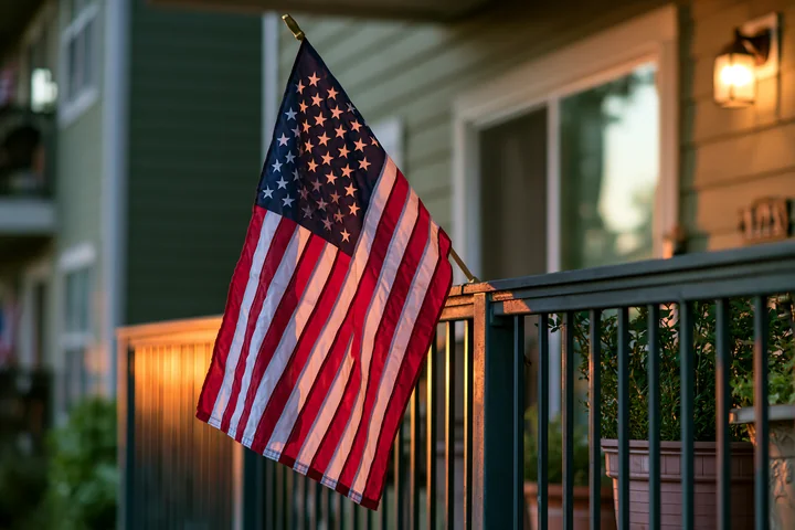 A bright American flag outside an apartment building shows national pride.
