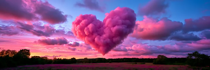 A bright heart-shaped cloud floats above a vibrant sunset sky filled with shades of pink and purple, casting a warm glow over the surrounding landscape.