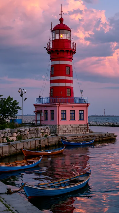 A bright red lighthouse stands tall near the water, surrounded by a series of boats docked in the foreground.