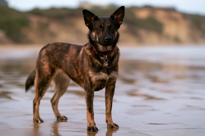 A brindle-coated rare dog breed stands confidently on a wet beach with the sun setting in the background.