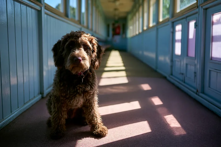 A brown dog sits on the floor of a hallway with colorful carpeting and light streaming through the windows.