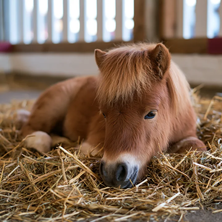 A brown horse is lying down on a bed of straw inside a stable.