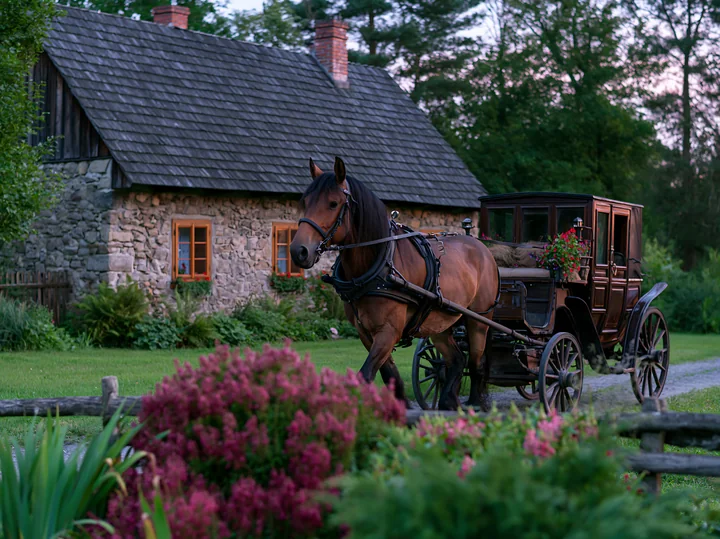 A brown horse pulls a carriage along a gravel path near a stone house and garden with flowers.