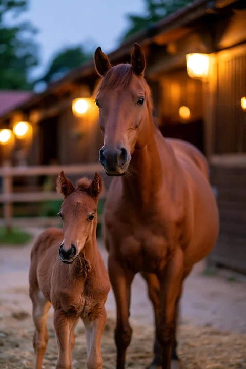 A brown horse stands beside its foal near a stable illuminated by lanterns.
