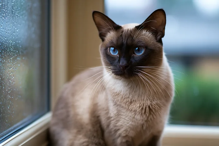 A brown Tonkinese cat sits by a window, looking outside as raindrops drip down the glass.