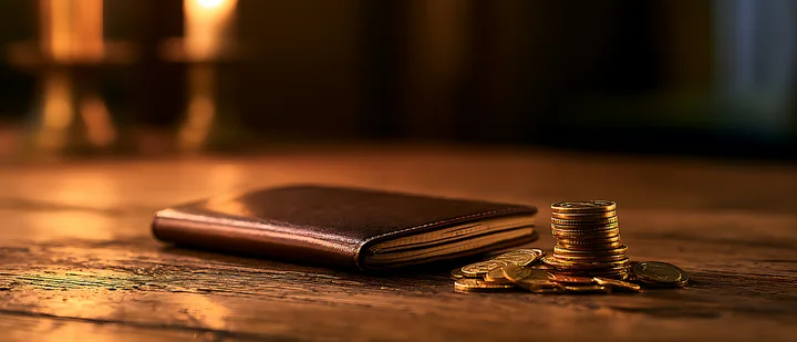 A brown wallet rests on a wooden table next to stacks of coins.