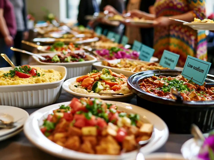 A buffet features various dishes with clear dietary labels, offering healthy food choices for guests in a well-lit event space.