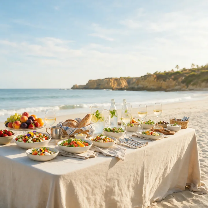 A buffet is arranged on a table by the beach with various dishes such as salads, fruits, and drinks.