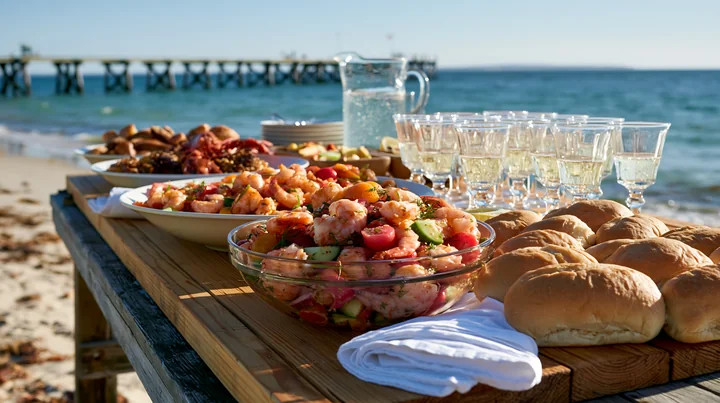 A buffet spread features seafood dishes and beverages on a wooden table by the beach.