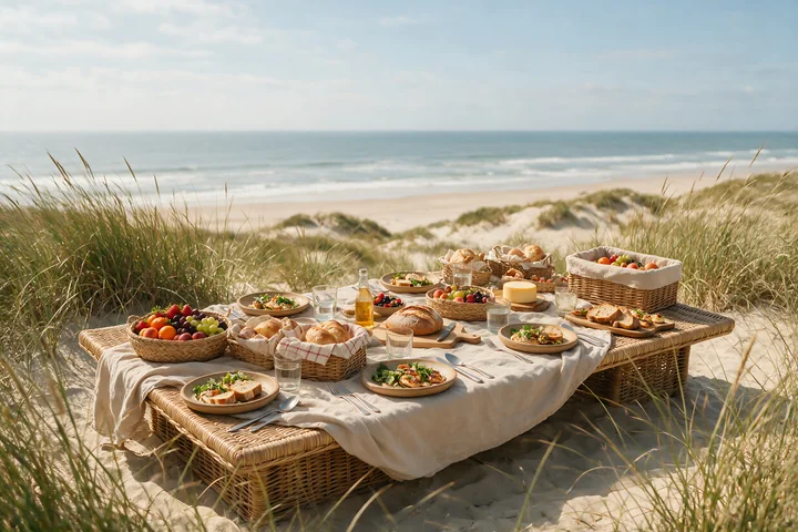 A buffet spread is set up on a table in the sand, showcasing various dishes and fresh ingredients.