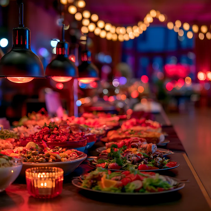 A buffet table displays a range of colorful dishes under warm lighting at an event venue.