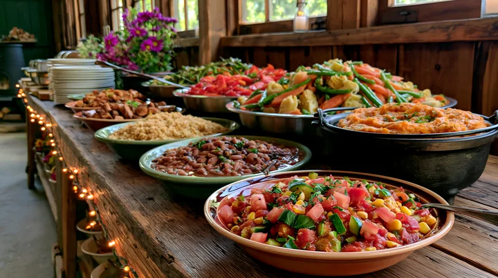 A buffet table displays an assortment of dishes featuring fresh vegetables and grains in a rustic setting.