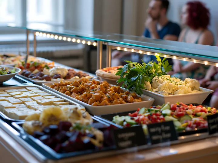 A buffet with dietary labels displays a variety of dishes for guests in a well-lit room.