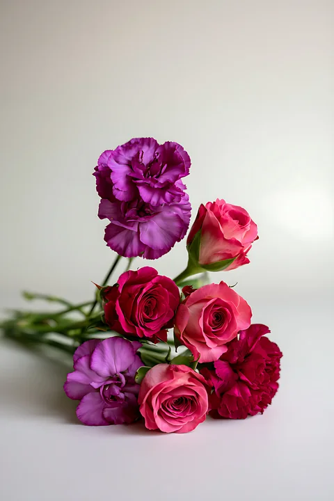 A bunch of pink and purple flowers is arranged in a pleasing way against a light background.