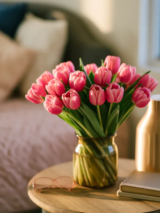 A bunch of pink tulips in a jar sits on a bedside table.