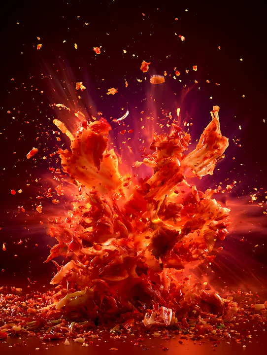 A burst of vibrant spices flies in all directions, creating dynamic movement and energy.